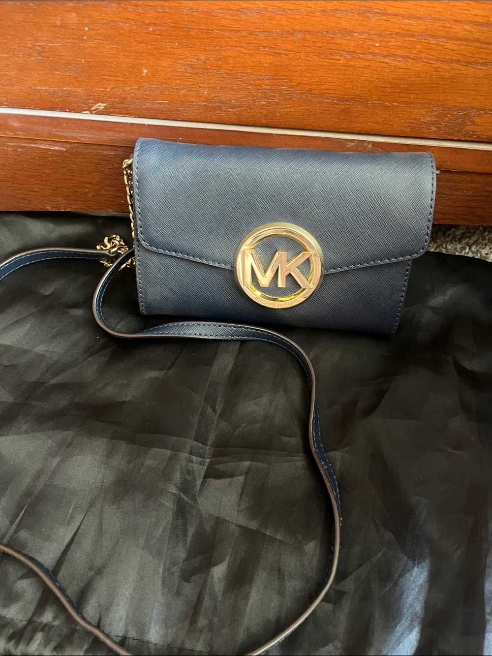 Michael Kors Navy Crossbody Wallet with Gold MK Medallion